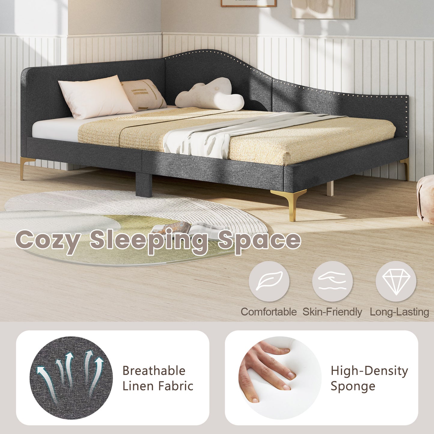 Full/Twin Size Rivet-Tufted Platform Bed with Metal Legs and Wood Slats-Full Size Kids Crystal