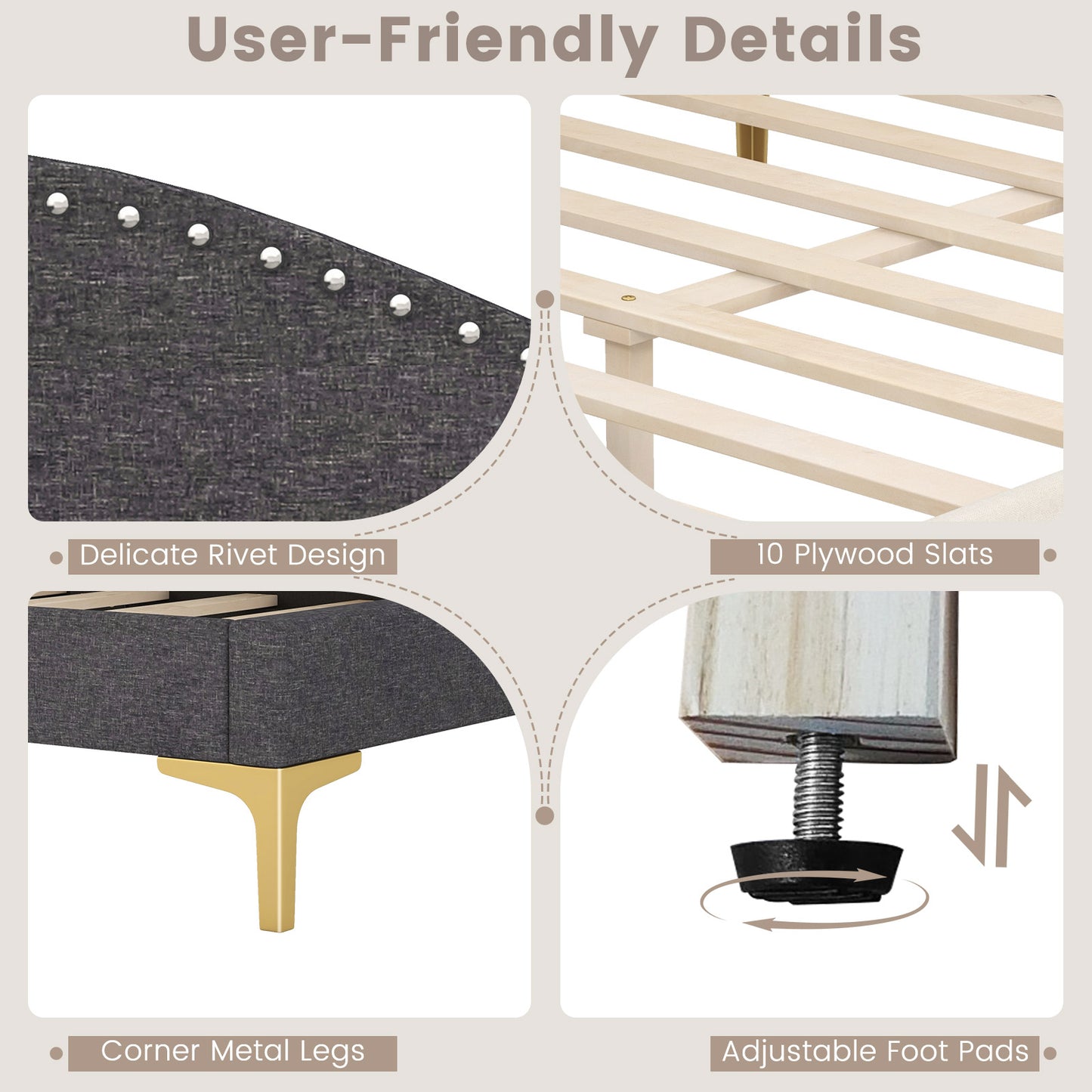 Full/Twin Size Rivet-Tufted Platform Bed with Metal Legs and Wood Slats-Full Size Kids Crystal