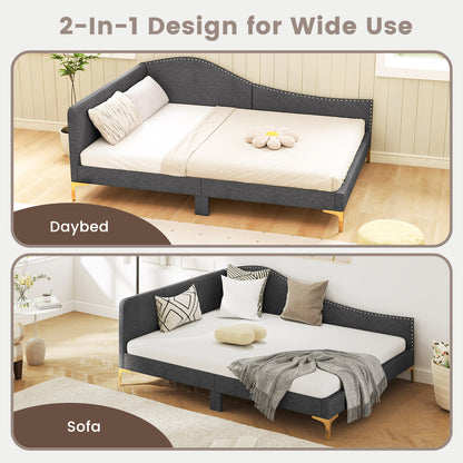 Full/Twin Size Rivet-Tufted Platform Bed with Metal Legs and Wood Slats-Full Size