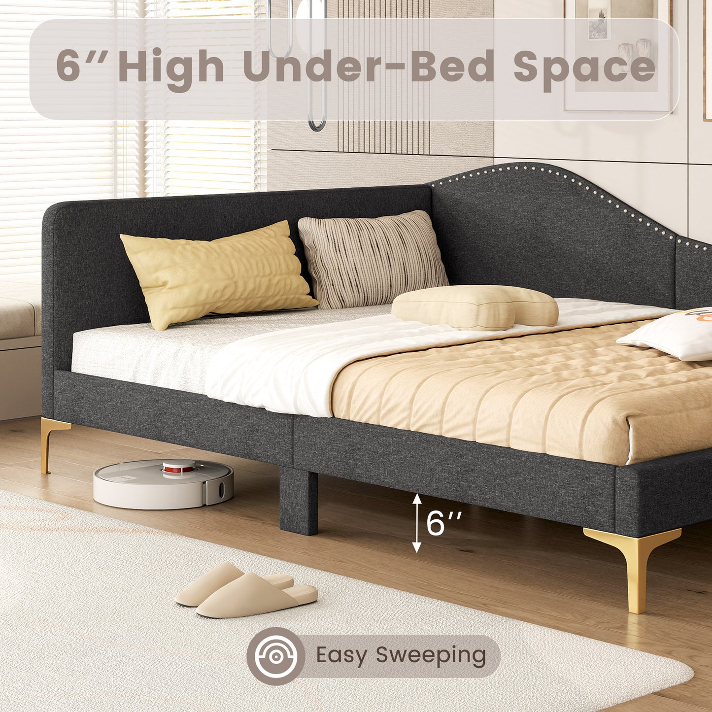 Full/Twin Size Rivet-Tufted Platform Bed with Metal Legs and Wood Slats-Full Size Kids Crystal