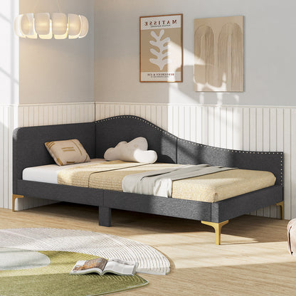 Full/Twin Size Rivet-Tufted Platform Bed with Metal Legs and Wood Slats-Twin Size