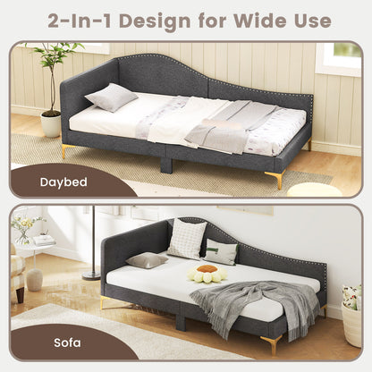 Full/Twin Size Rivet-Tufted Platform Bed with Metal Legs and Wood Slats-Twin Size