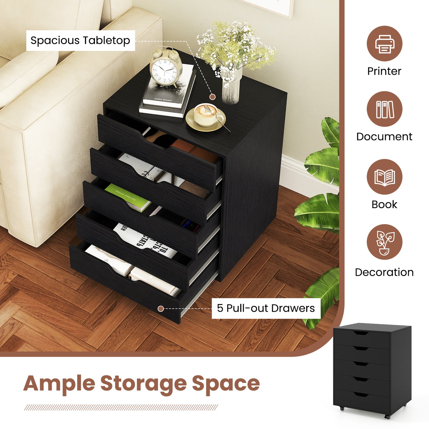 5 Drawer Mobile File Cabinet with Wheels for Living Room-Black Kids Crystal