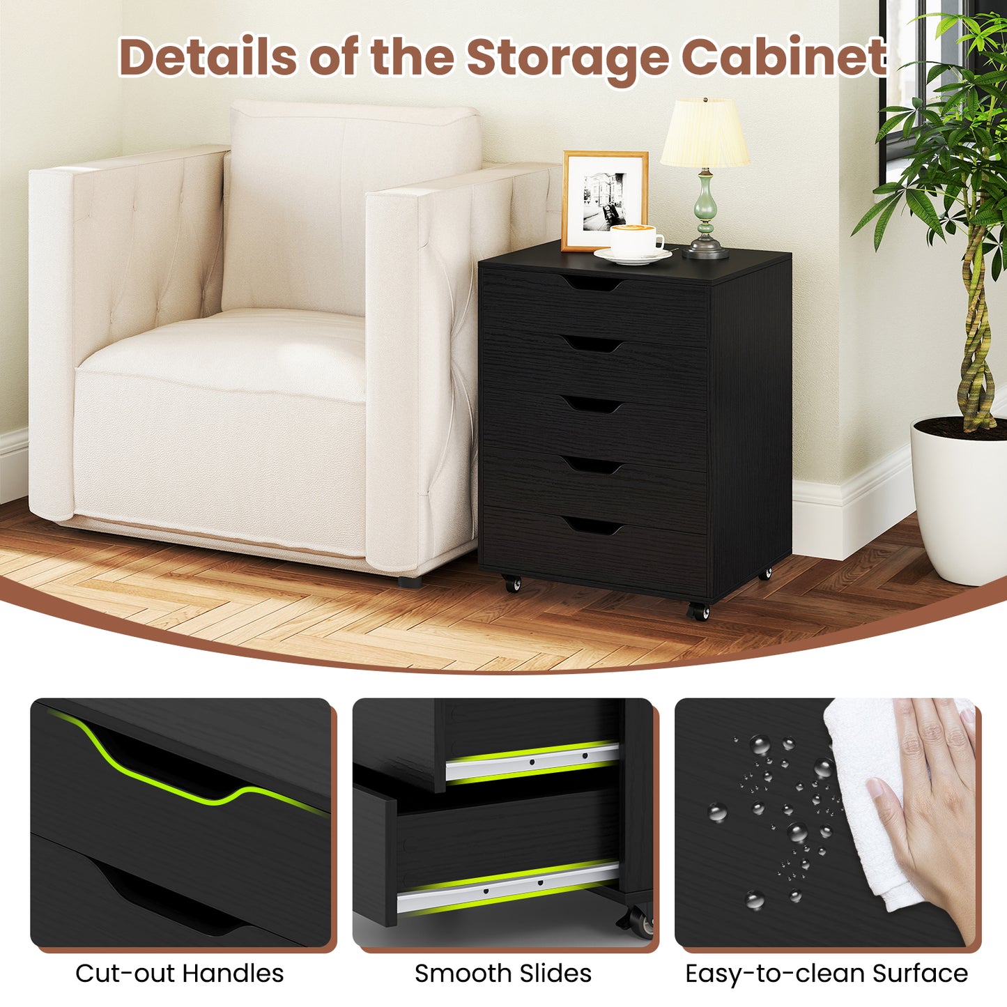 5 Drawer Mobile File Cabinet with Wheels for Living Room-Black Kids Crystal