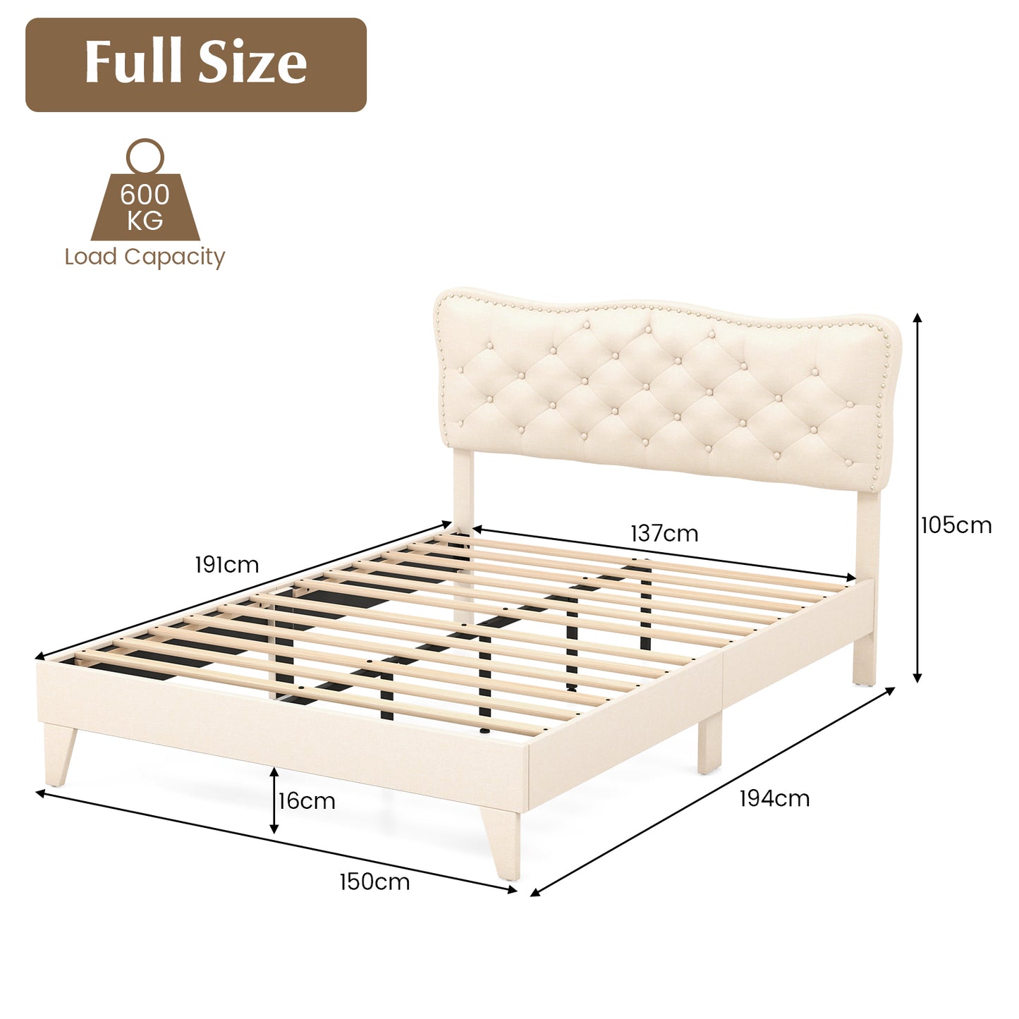 Full Size Bed Frame with Nail Headboard and Wooden Slats Kids Crystal