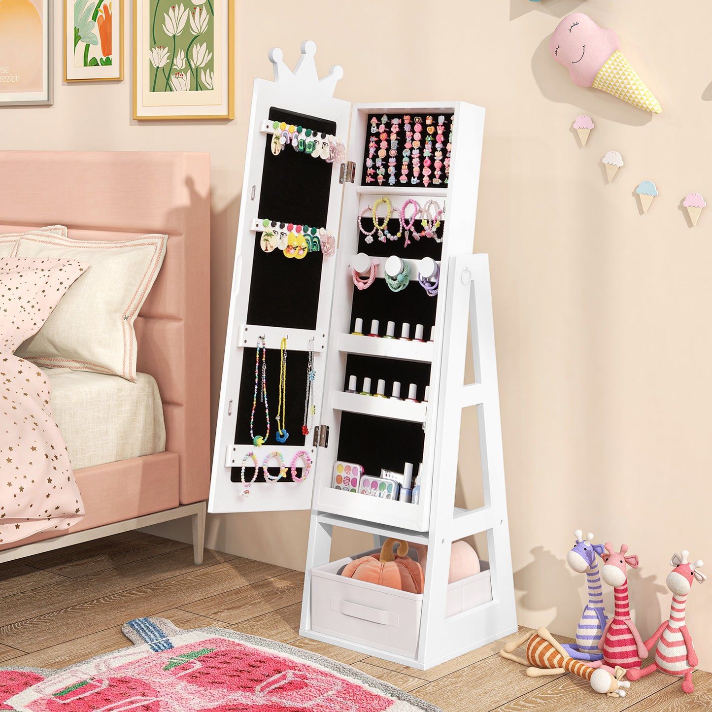 Free-Standing Full Length Kids Jewelry Armoire Cabinet with Storage Capacity-White Kids Crystal
