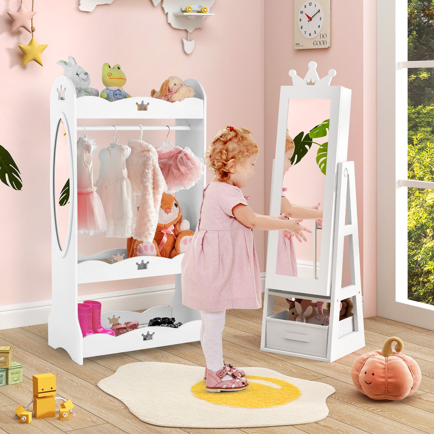 Free-Standing Full Length Kids Jewelry Armoire Cabinet with Storage Capacity-White Kids Crystal