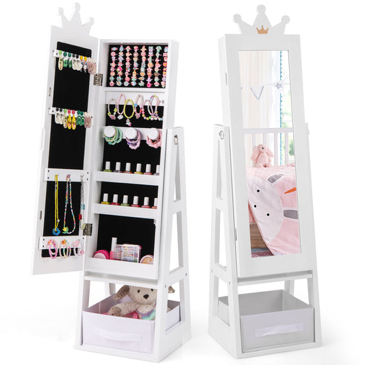 Free-Standing Full Length Kids Jewelry Armoire Cabinet with Storage Capacity-White Kids Crystal