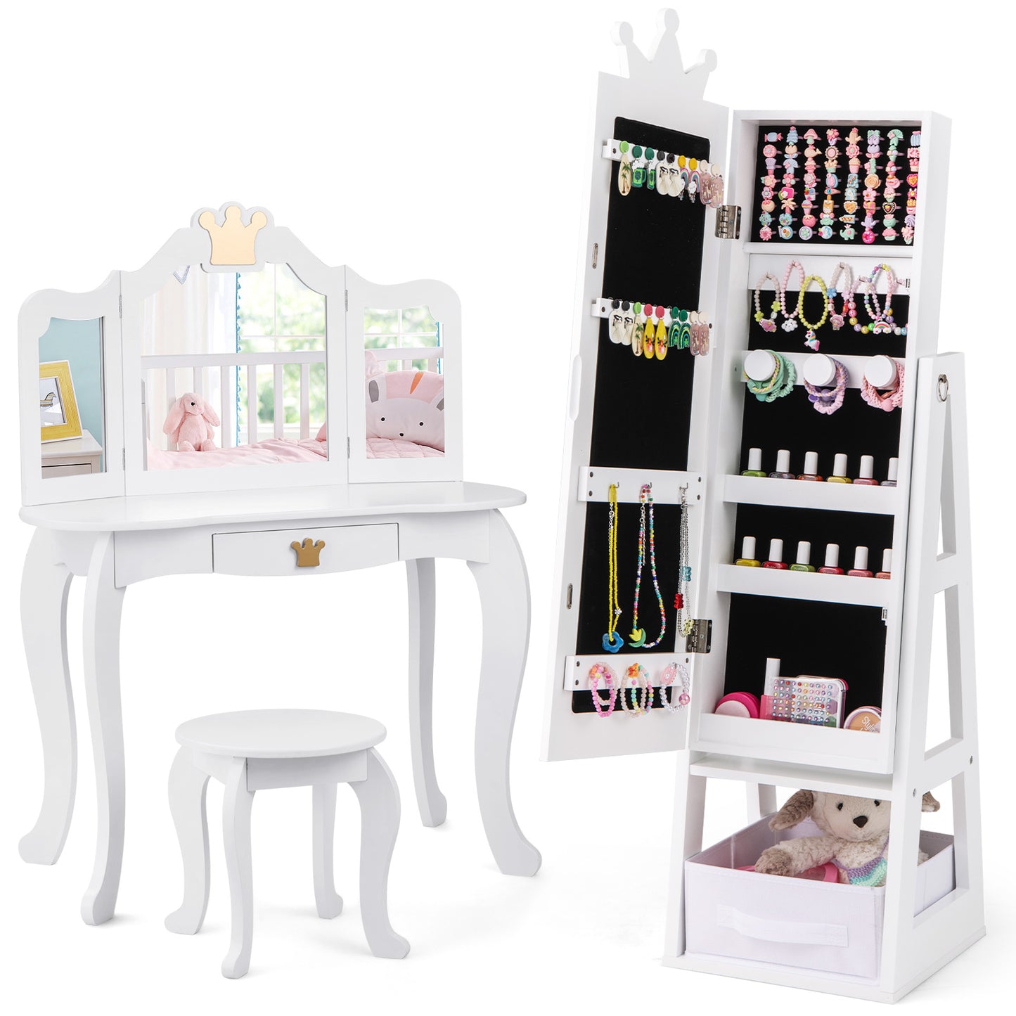 Free-Standing Full Length Kids Jewelry Armoire Cabinet with Storage Capacity-White Kids Crystal