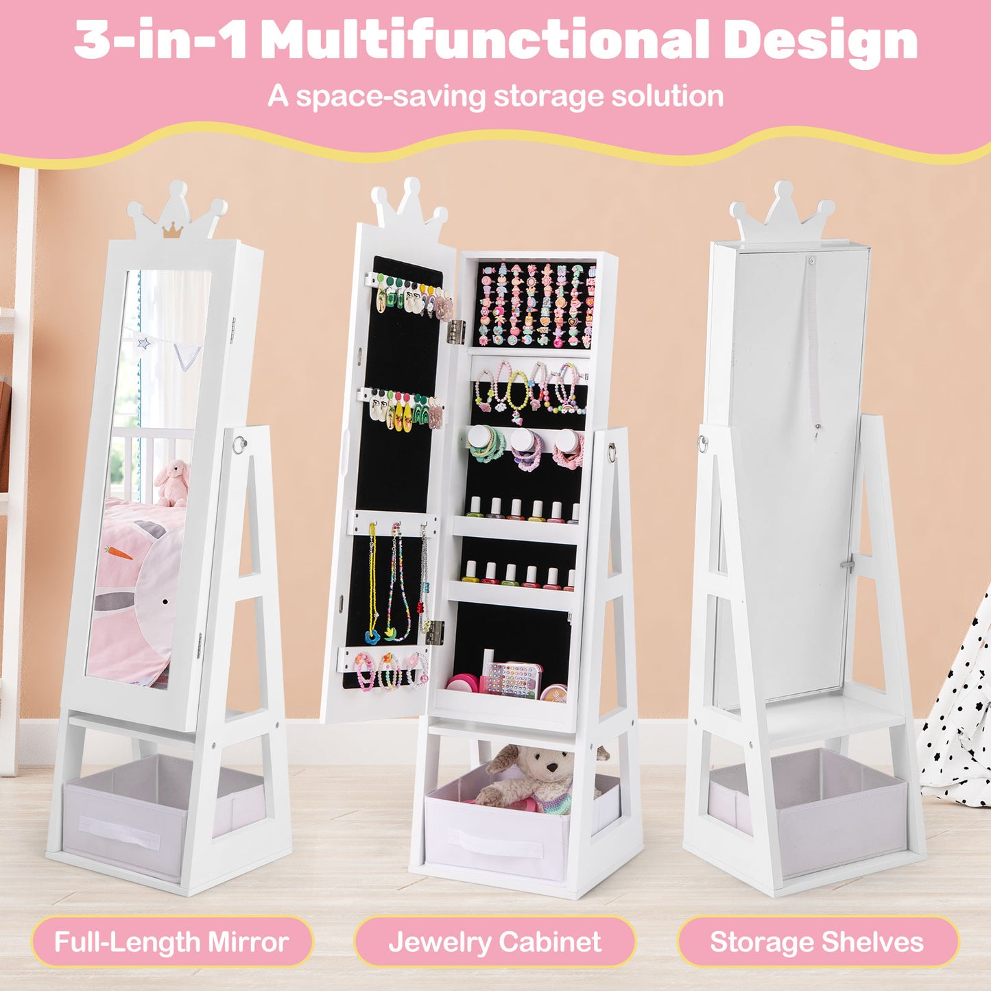 Free-Standing Full Length Kids Jewelry Armoire Cabinet with Storage Capacity-White Kids Crystal