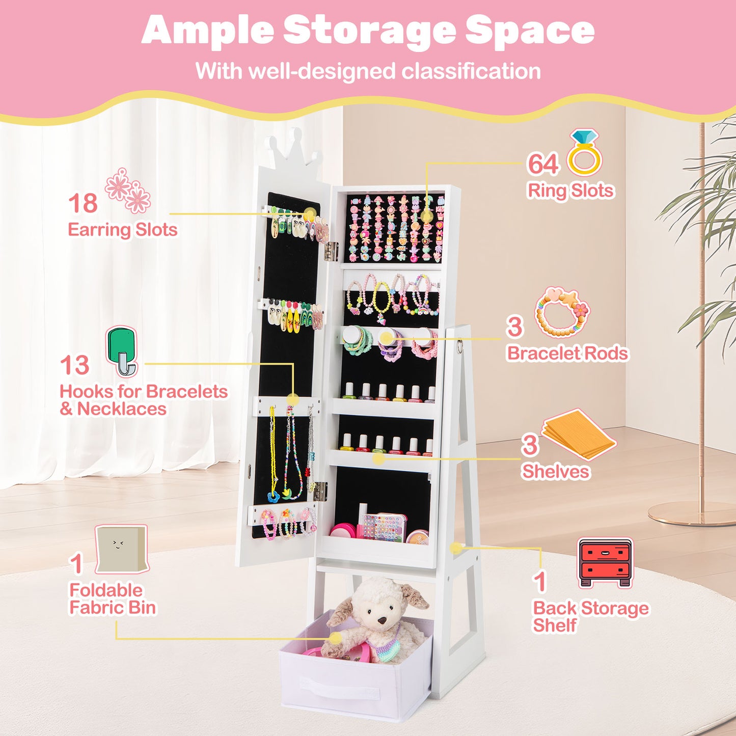 Free-Standing Full Length Kids Jewelry Armoire Cabinet with Storage Capacity-White Kids Crystal