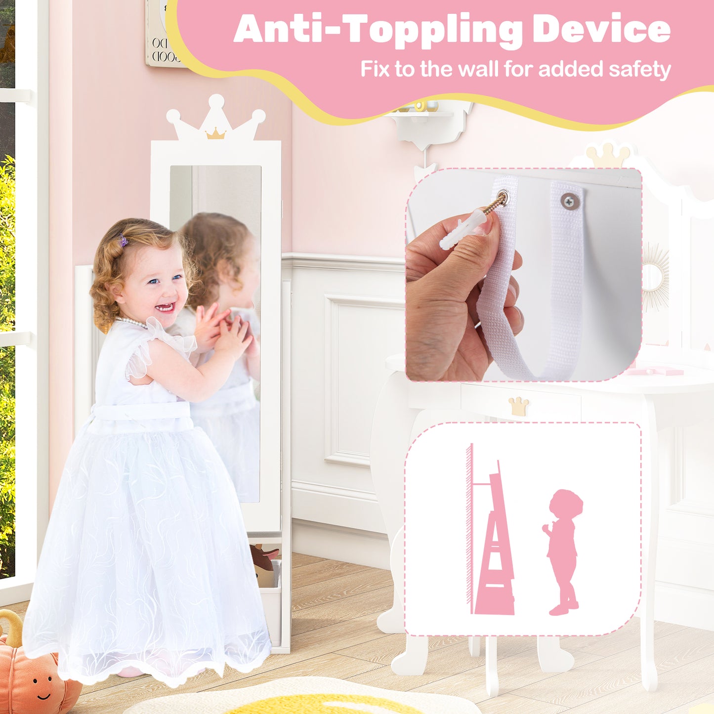 Free-Standing Full Length Kids Jewelry Armoire Cabinet with Storage Capacity-White Kids Crystal