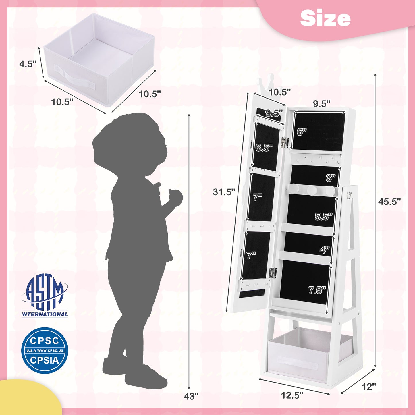Free-Standing Full Length Kids Jewelry Armoire Cabinet with Storage Capacity-White Kids Crystal