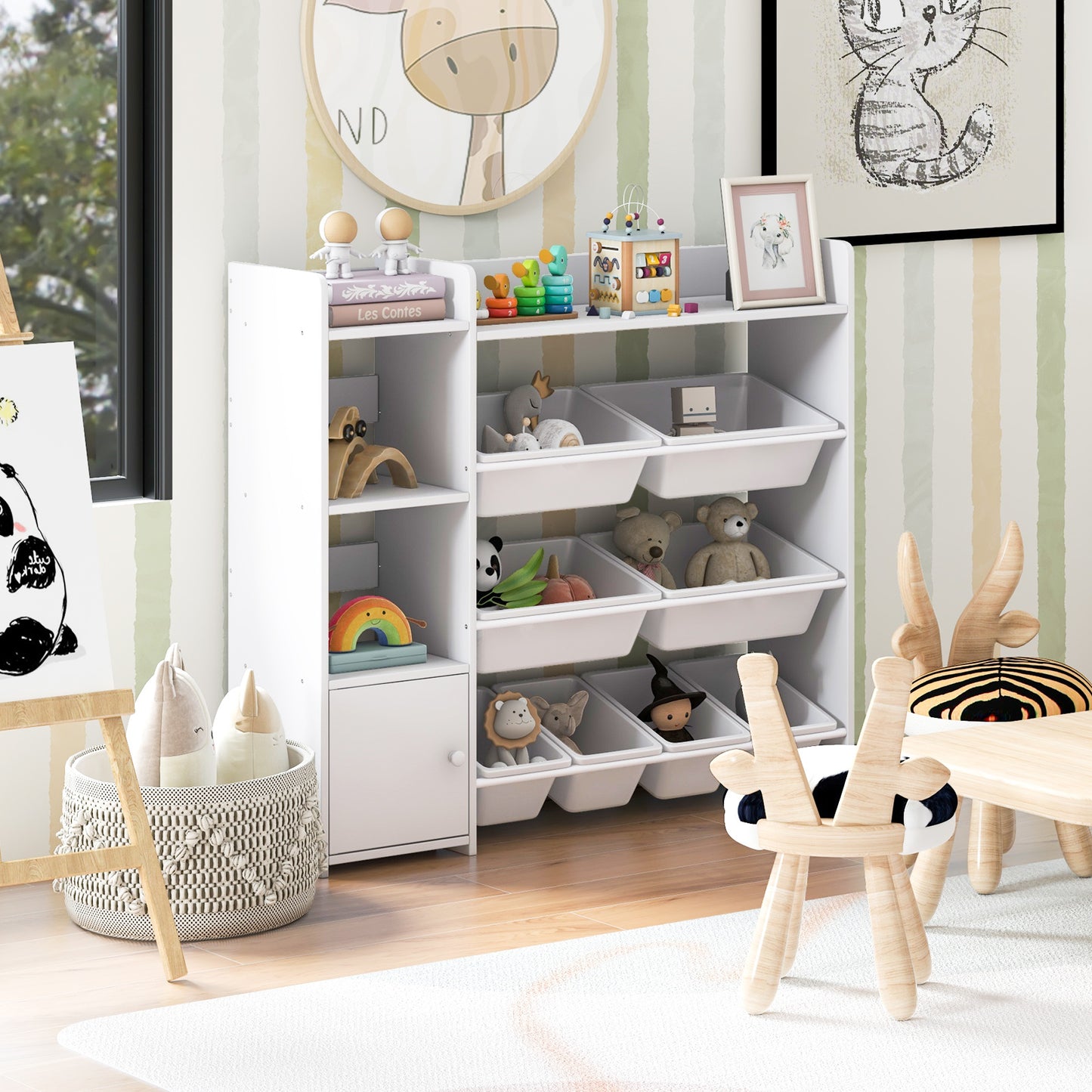 4-Tier Kids Toy Storage Organizer Bookshelf and Toy Storage Rack with Door-White Kids Crystal