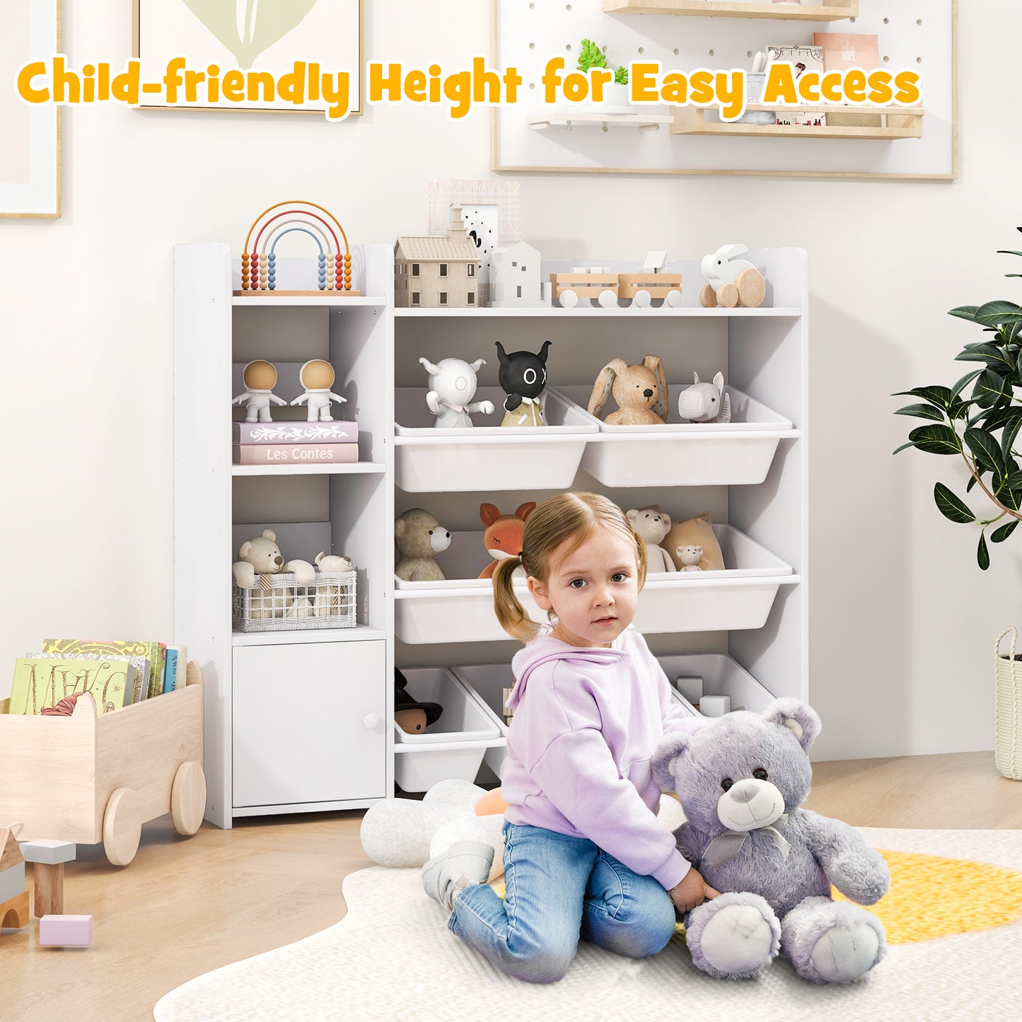 4-Tier Kids Toy Storage Organizer Bookshelf and Toy Storage Rack with Door-White Kids Crystal