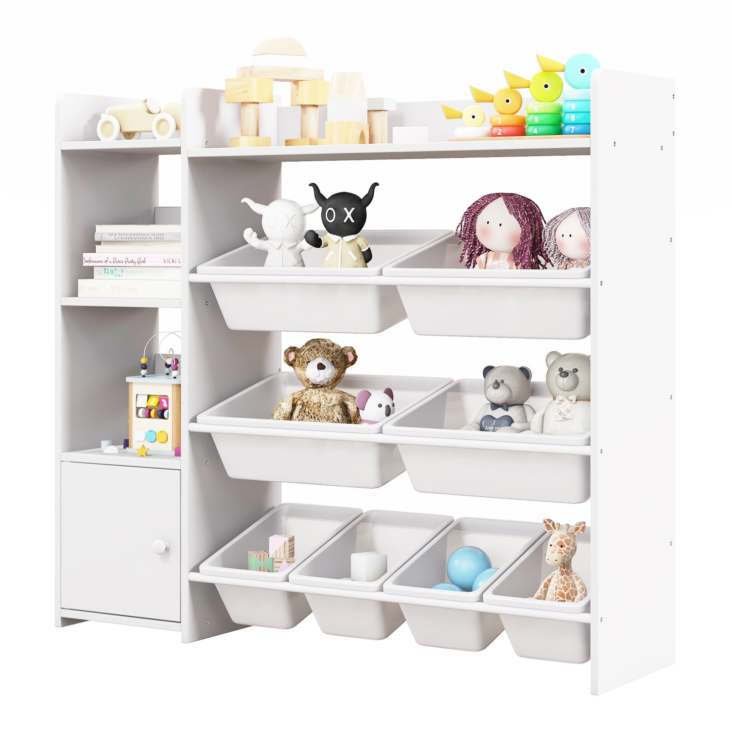 4-Tier Kids Toy Storage Organizer Bookshelf and Toy Storage Rack with Door-White Kids Crystal