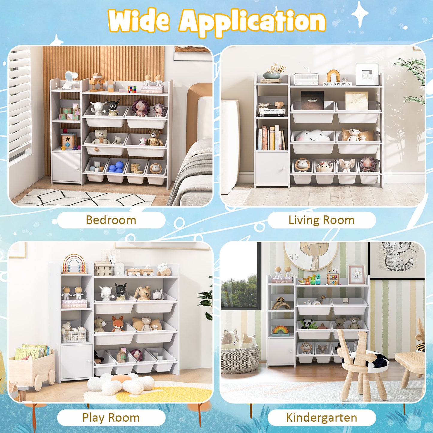 4-Tier Kids Toy Storage Organizer Bookshelf and Toy Storage Rack with Door-White Kids Crystal