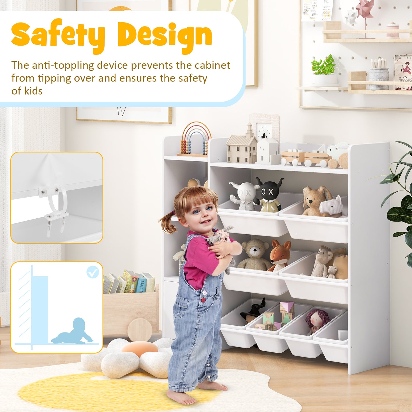 4-Tier Kids Toy Storage Organizer Bookshelf and Toy Storage Rack with Door-White Kids Crystal