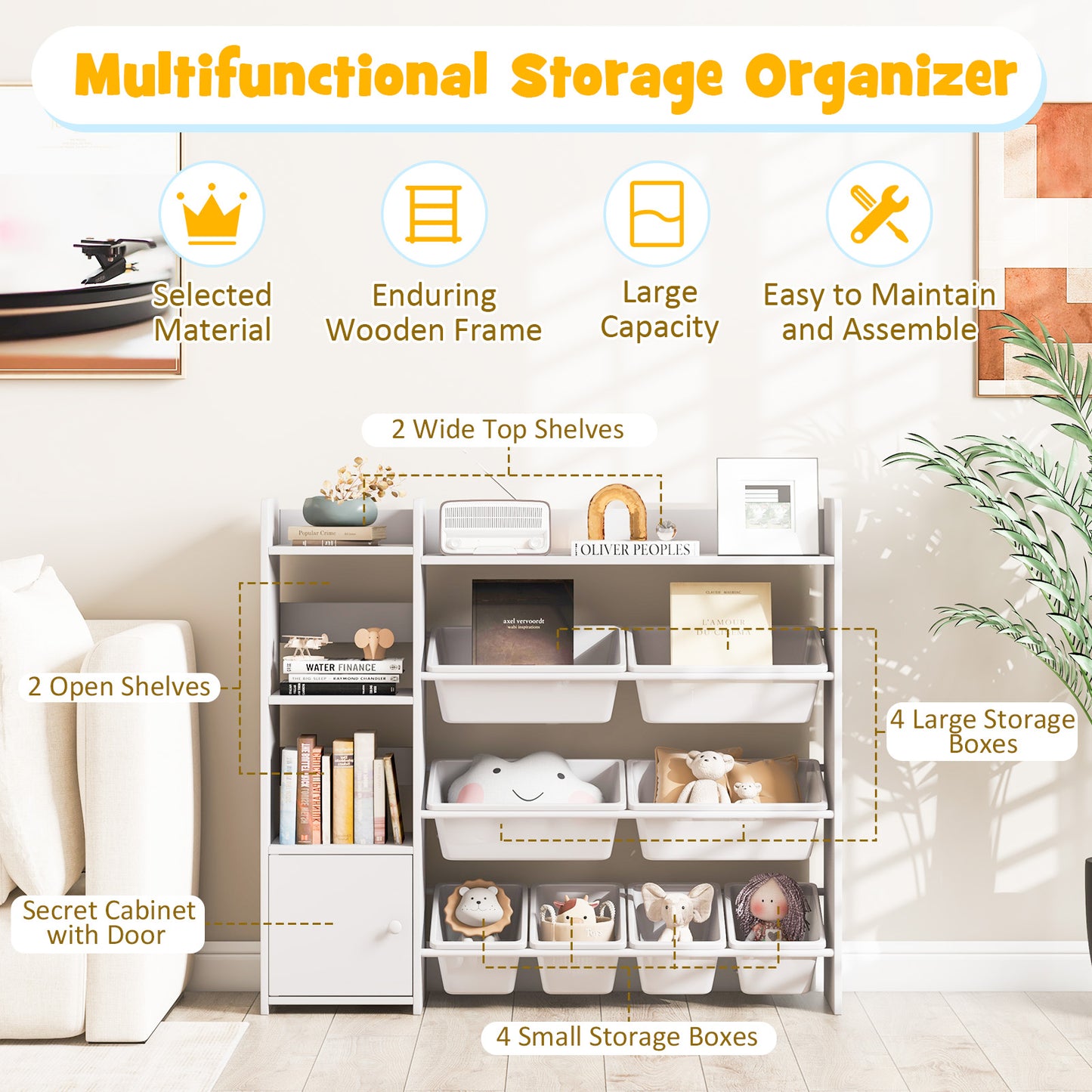 4-Tier Kids Toy Storage Organizer Bookshelf and Toy Storage Rack with Door-White Kids Crystal