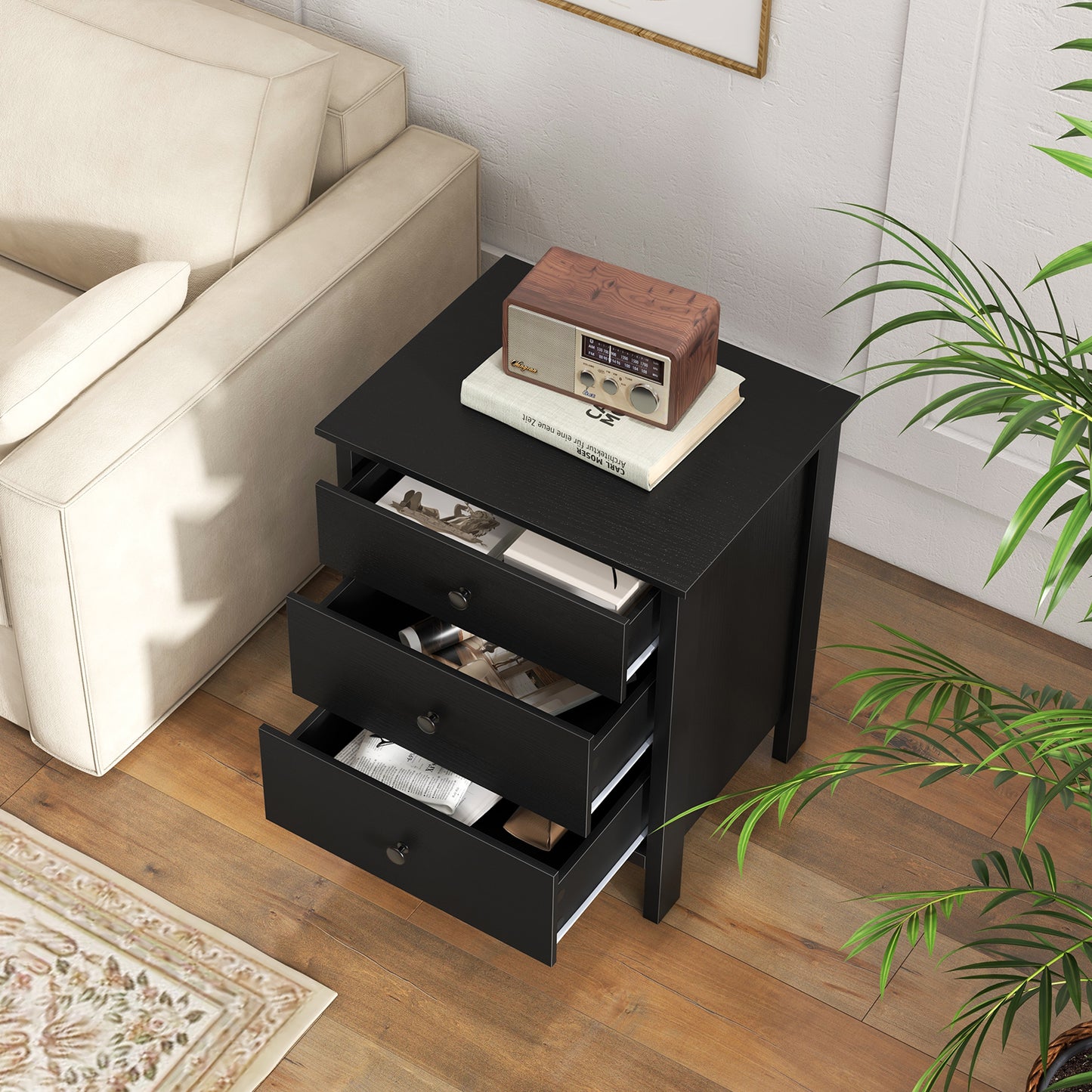 3-Drawer Wooden Nightstand Modern Bedside Table-Black Kids Crystal