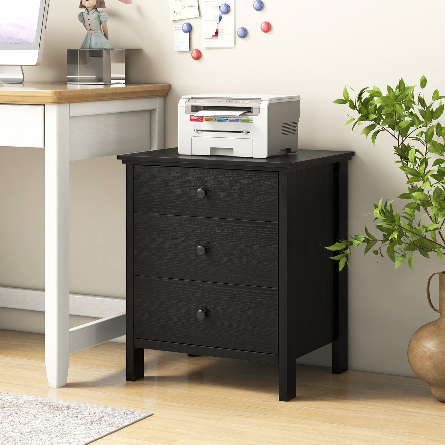 3-Drawer Wooden Nightstand Modern Bedside Table-Black Kids Crystal