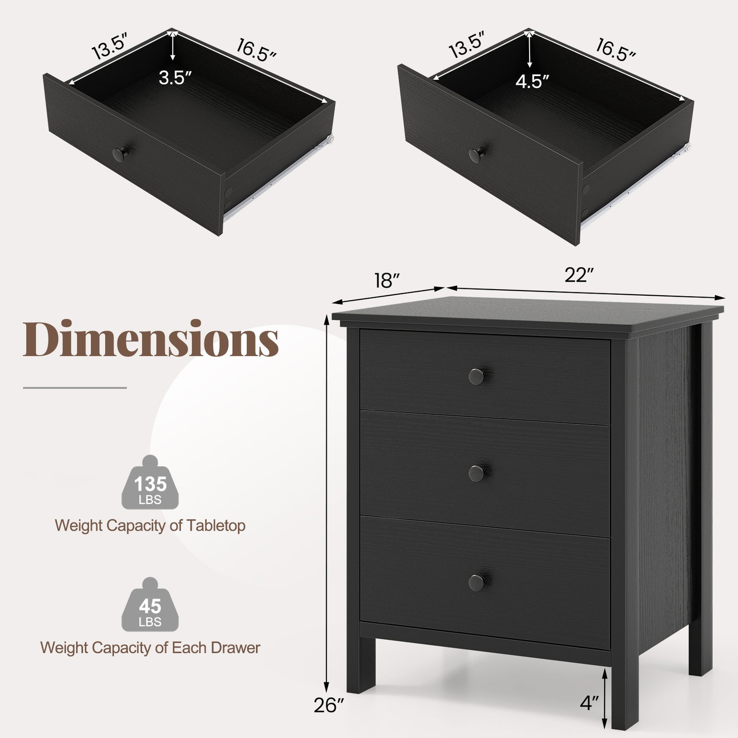 3-Drawer Wooden Nightstand Modern Bedside Table-Black Kids Crystal