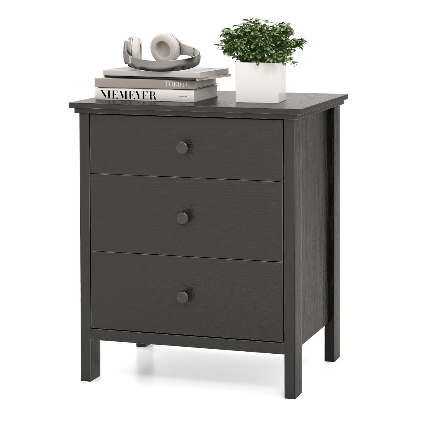 3-Drawer Wooden Nightstand Modern Bedside Table-Black Kids Crystal