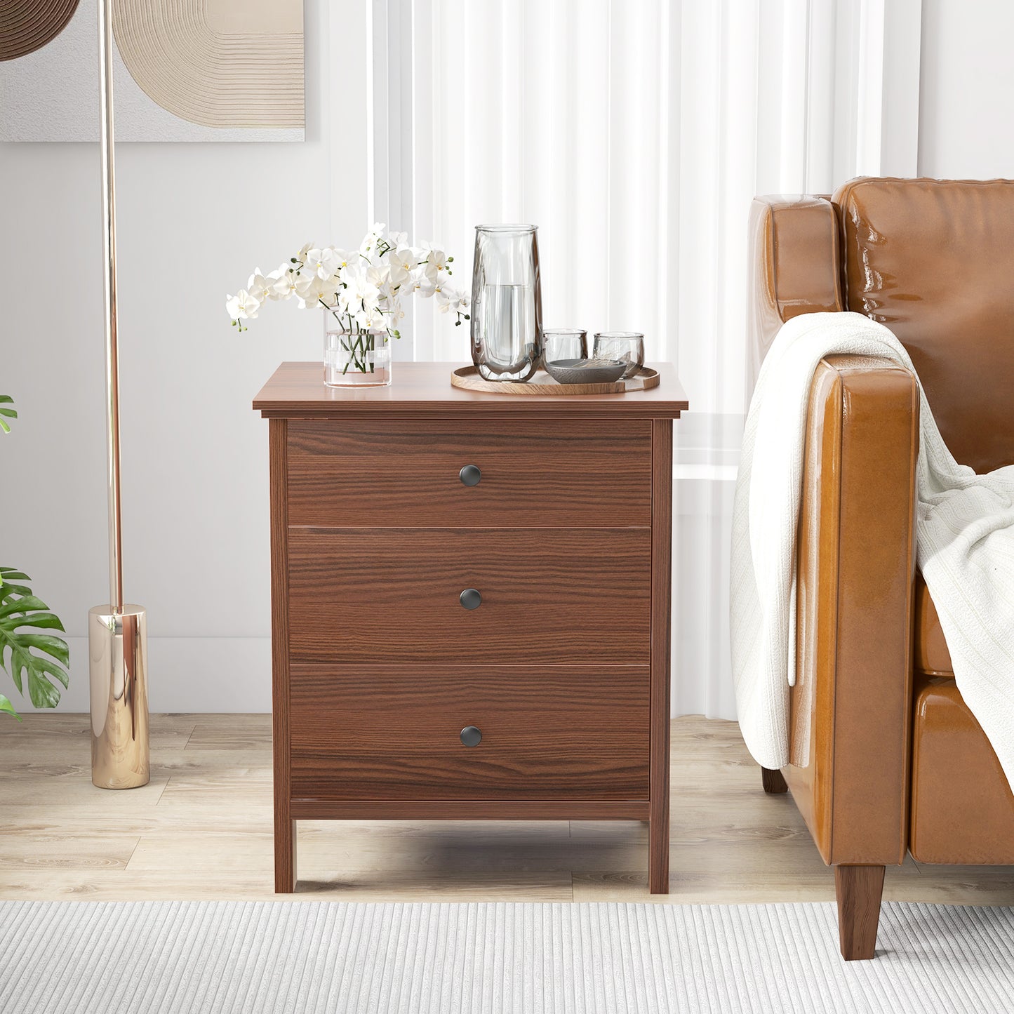 3-Drawer Wooden Nightstand Modern Bedside Table-Walnut Kids Crystal