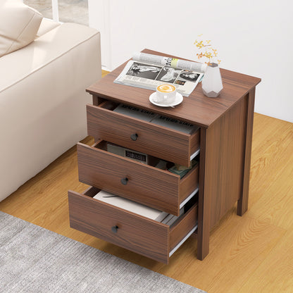 3-Drawer Wooden Nightstand Modern Bedside Table-Walnut