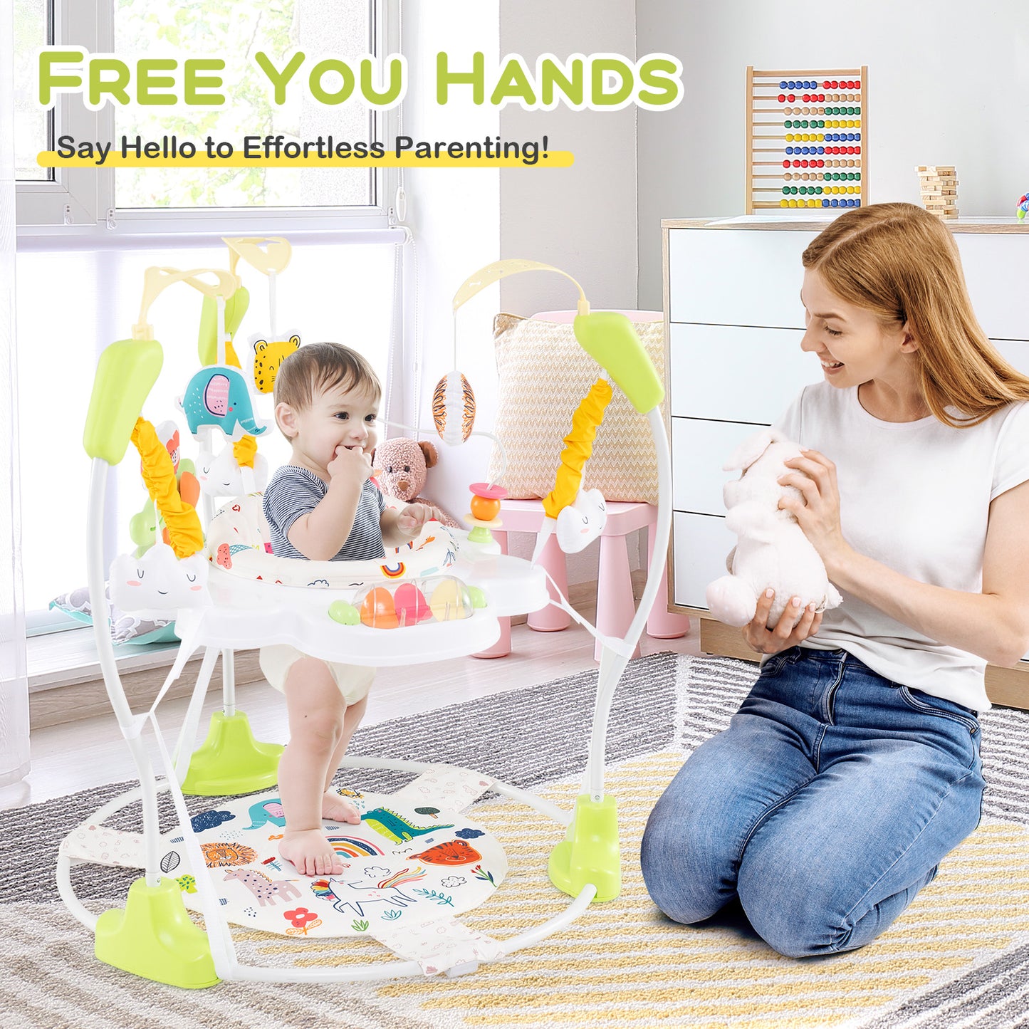 Baby Activity Center Height Adjustable Baby Bouncing Saucer with Interactive Toys-Yellow Kids Crystal