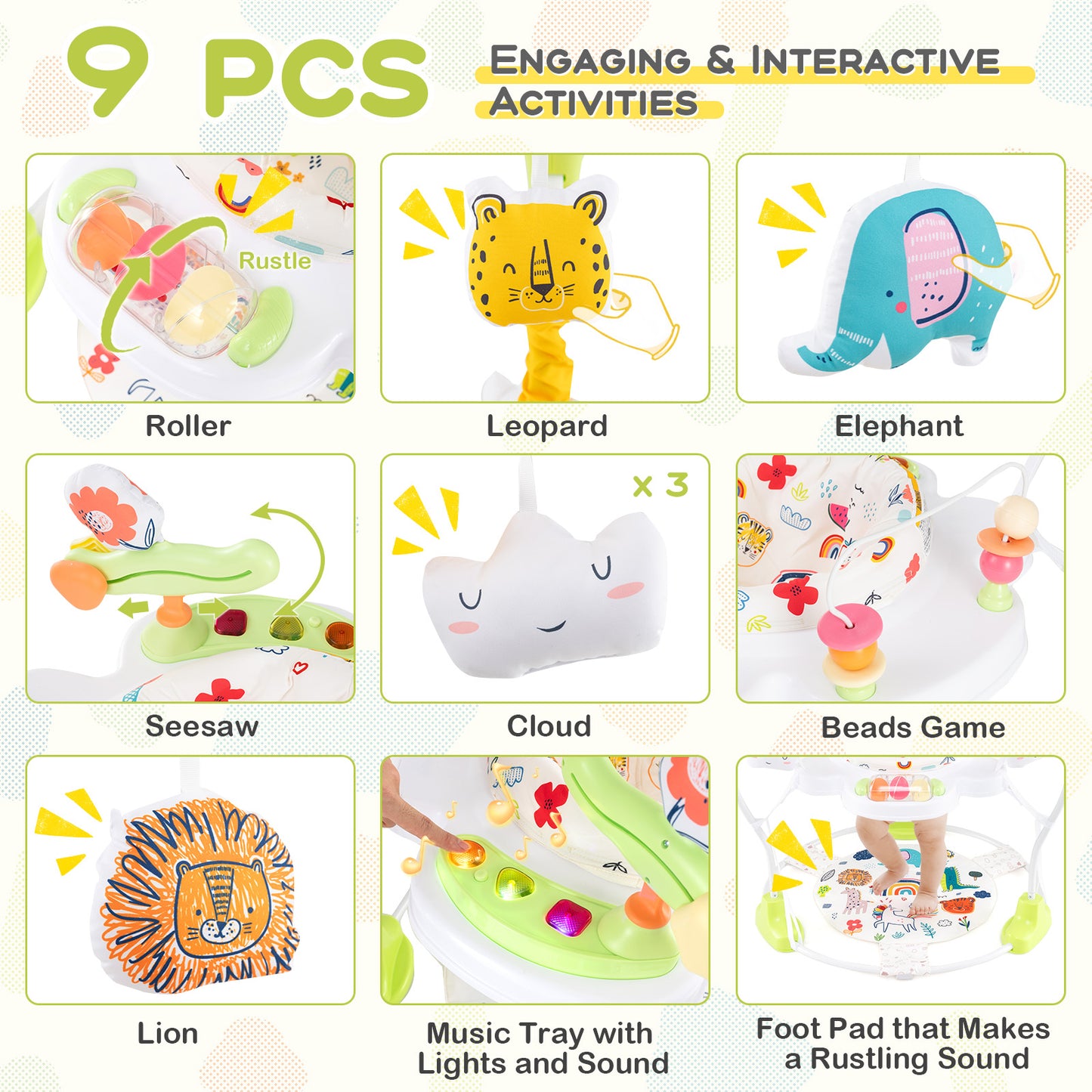 Baby Activity Center Height Adjustable Baby Bouncing Saucer with Interactive Toys-Yellow Kids Crystal