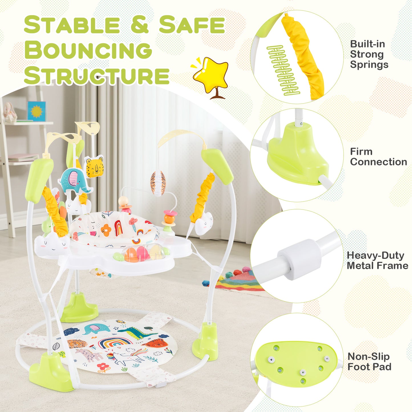 Baby Activity Center Height Adjustable Baby Bouncing Saucer with Interactive Toys-Yellow Kids Crystal