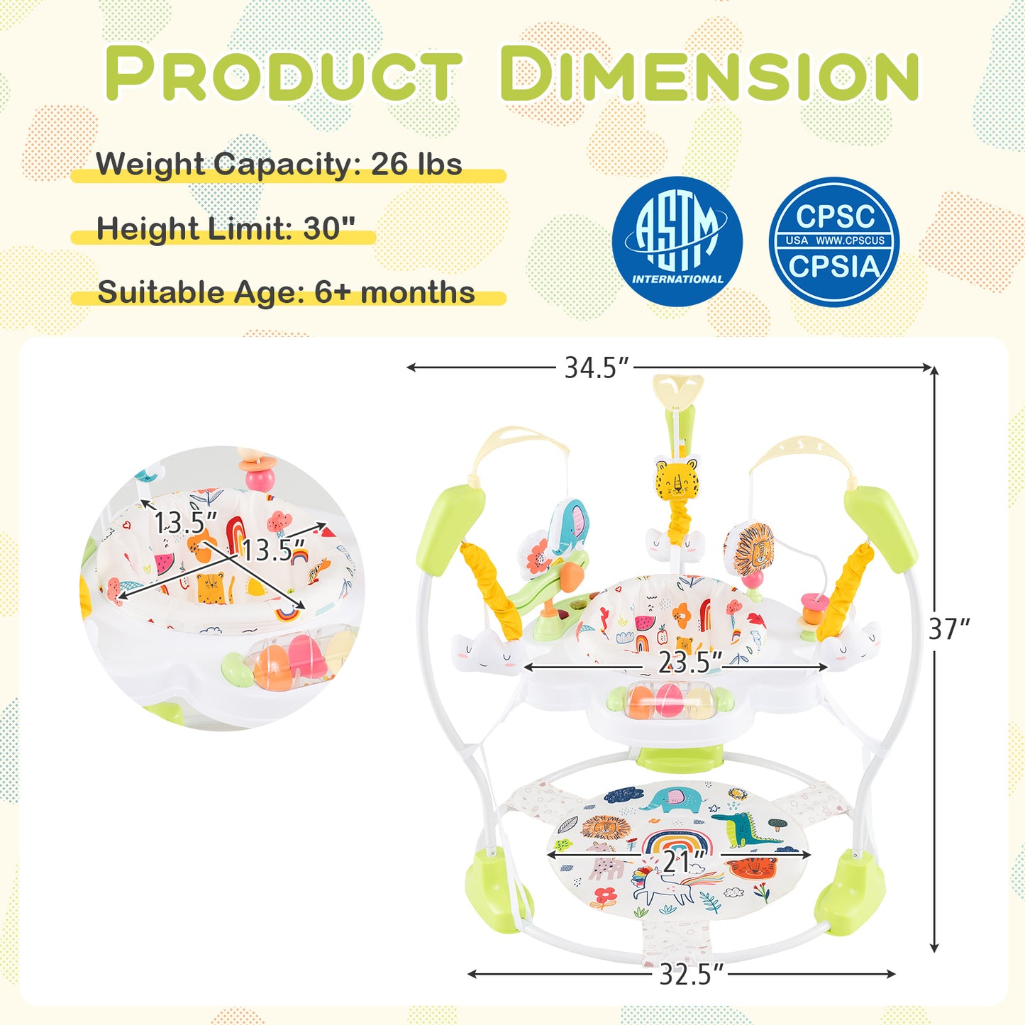 Baby Activity Center Height Adjustable Baby Bouncing Saucer with Interactive Toys-Yellow Kids Crystal