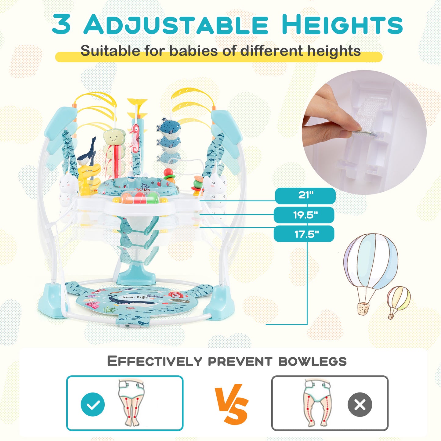 Baby Activity Center Height Adjustable Baby Bouncing Saucer with Interactive Toys-Light Blue Kids Crystal