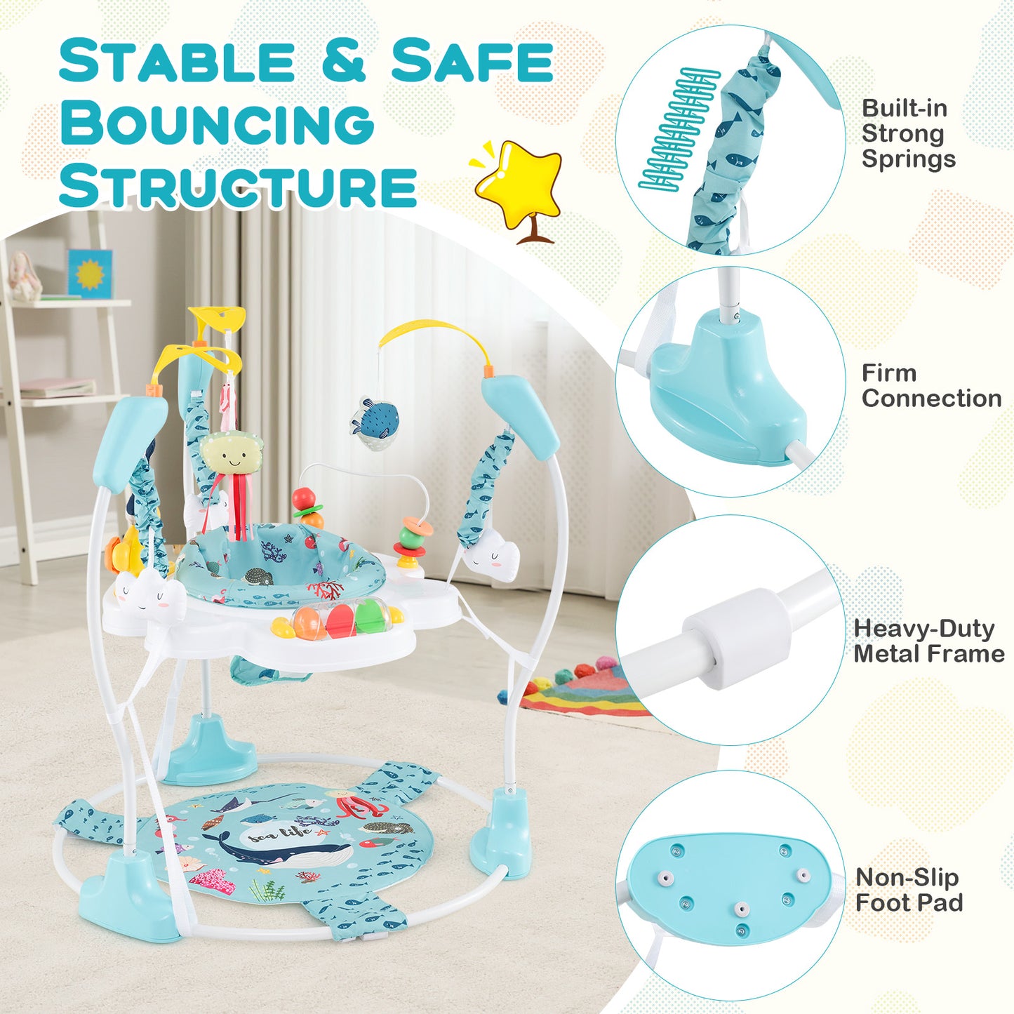 Baby Activity Center Height Adjustable Baby Bouncing Saucer with Interactive Toys-Light Blue Kids Crystal