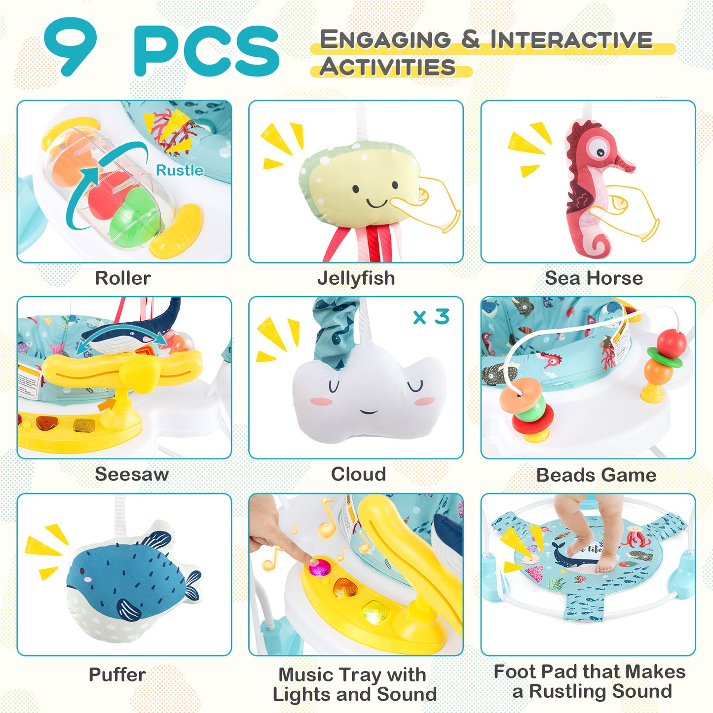 Baby Activity Center Height Adjustable Baby Bouncing Saucer with Interactive Toys-Light Blue Kids Crystal