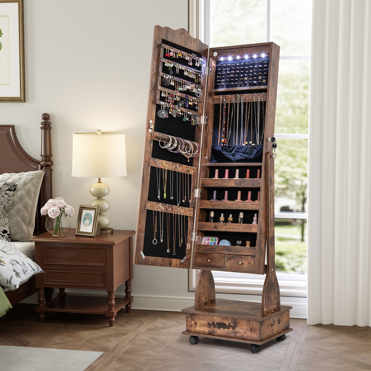 Rolling Floor Standing Mirrored Jewelry Armoire with Lock and Drawers-Rustic Brown Kids Crystal