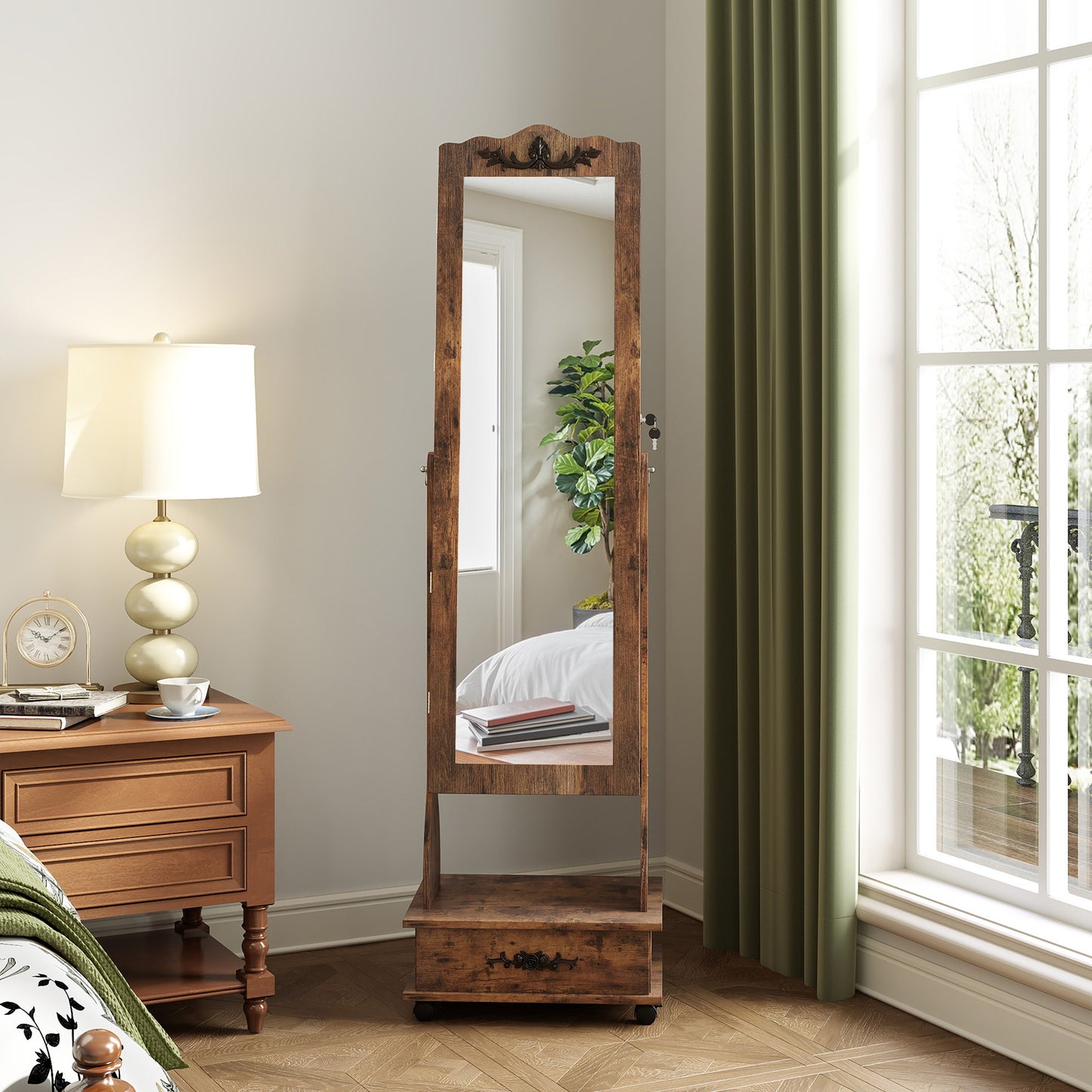 Rolling Floor Standing Mirrored Jewelry Armoire with Lock and Drawers-Rustic Brown Kids Crystal