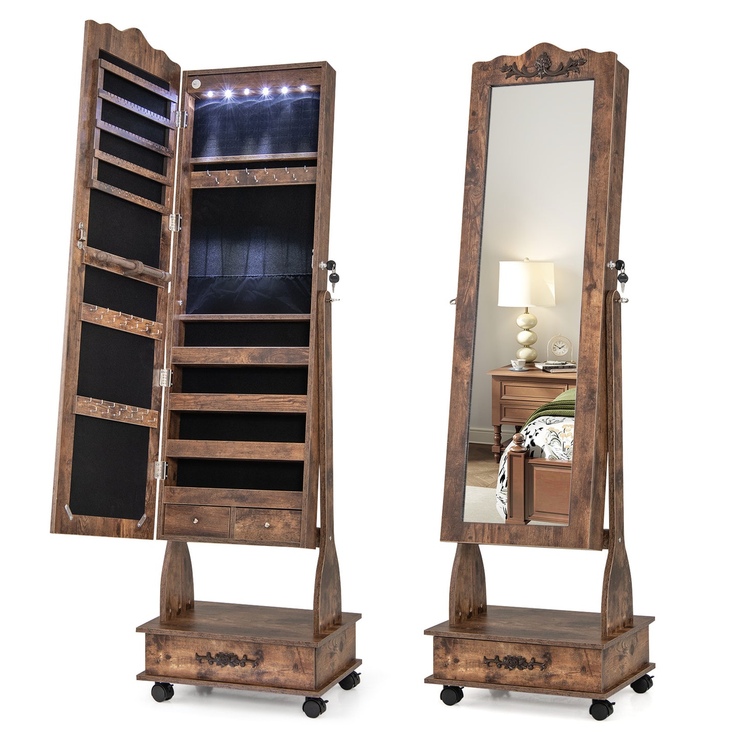 Rolling Floor Standing Mirrored Jewelry Armoire with Lock and Drawers-Rustic Brown Kids Crystal