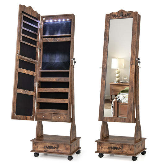 Rolling Floor Standing Mirrored Jewelry Armoire with Lock and Drawers-Rustic Brown Kids Crystal