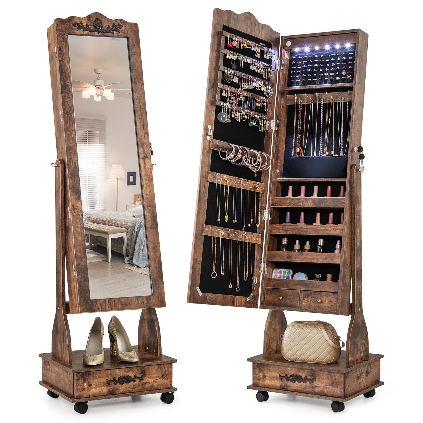 Rolling Floor Standing Mirrored Jewelry Armoire with Lock and Drawers-Rustic Brown Kids Crystal