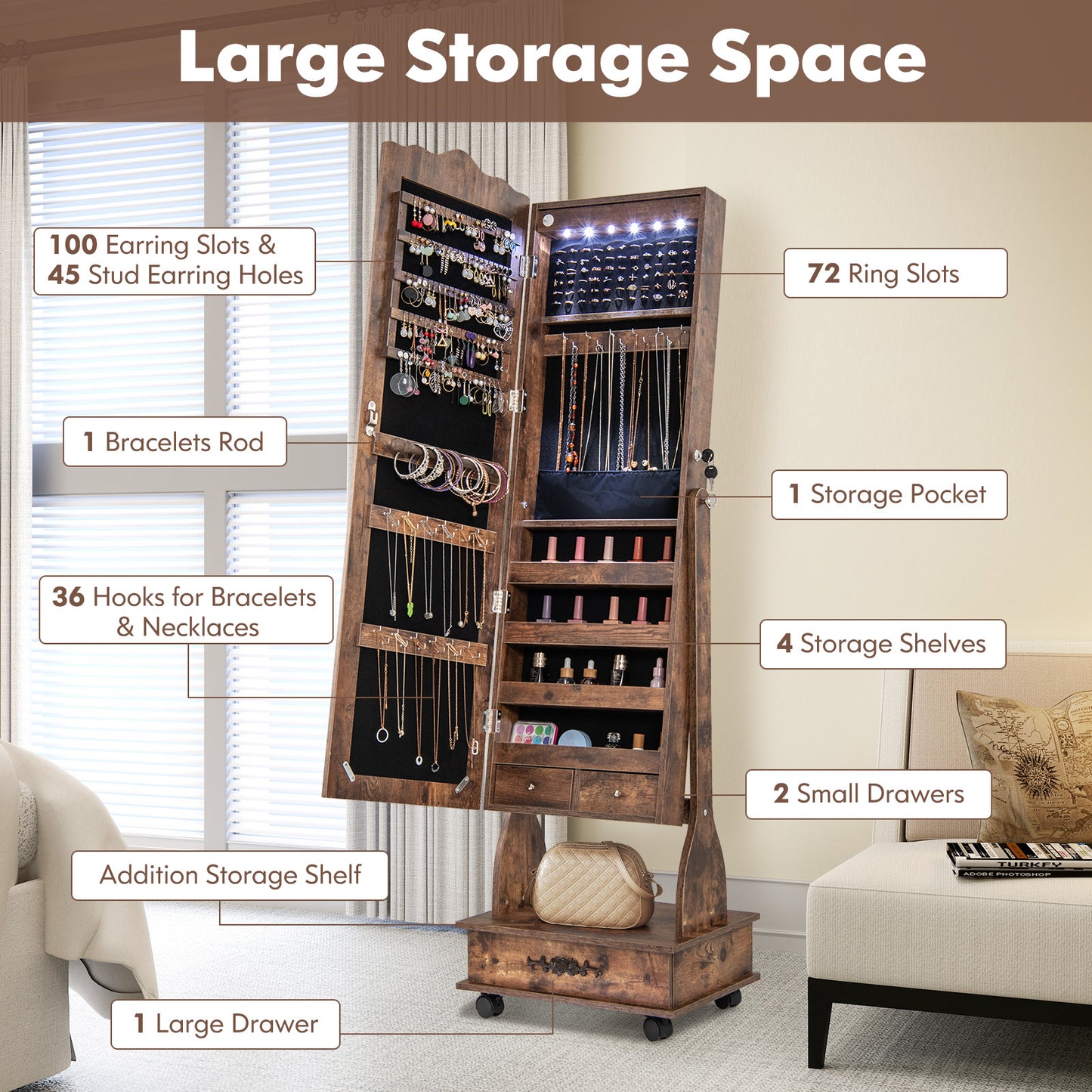 Rolling Floor Standing Mirrored Jewelry Armoire with Lock and Drawers-Rustic Brown Kids Crystal