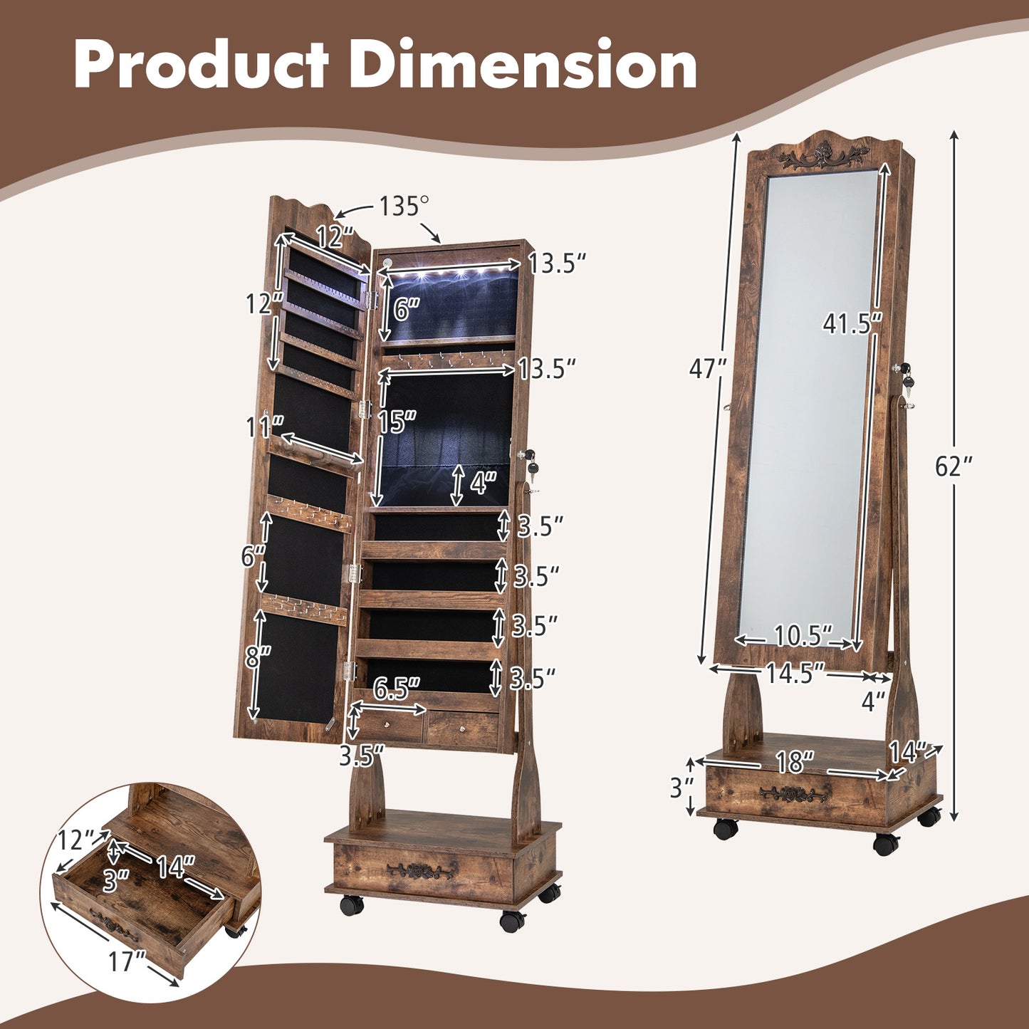 Rolling Floor Standing Mirrored Jewelry Armoire with Lock and Drawers-Rustic Brown Kids Crystal
