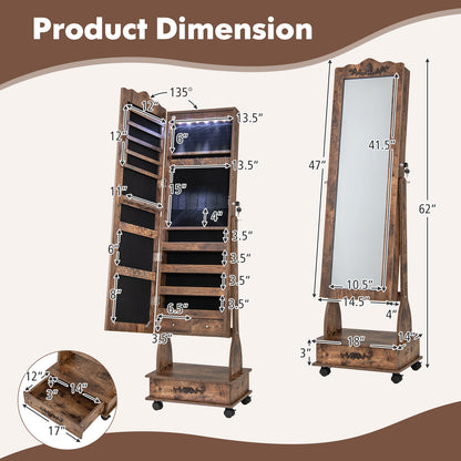 Rolling Floor Standing Mirrored Jewelry Armoire with Lock and Drawers-Rustic Brown