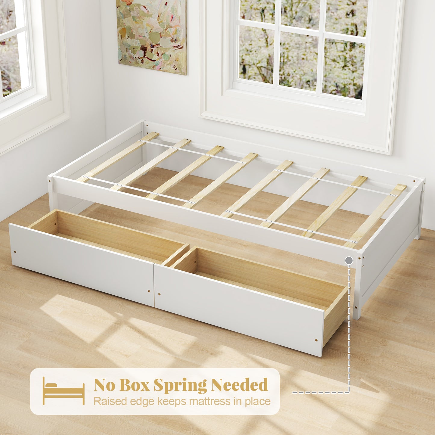 Twin Size Captain Bed with 2 Drawers and Slats Support-White Kids Crystal