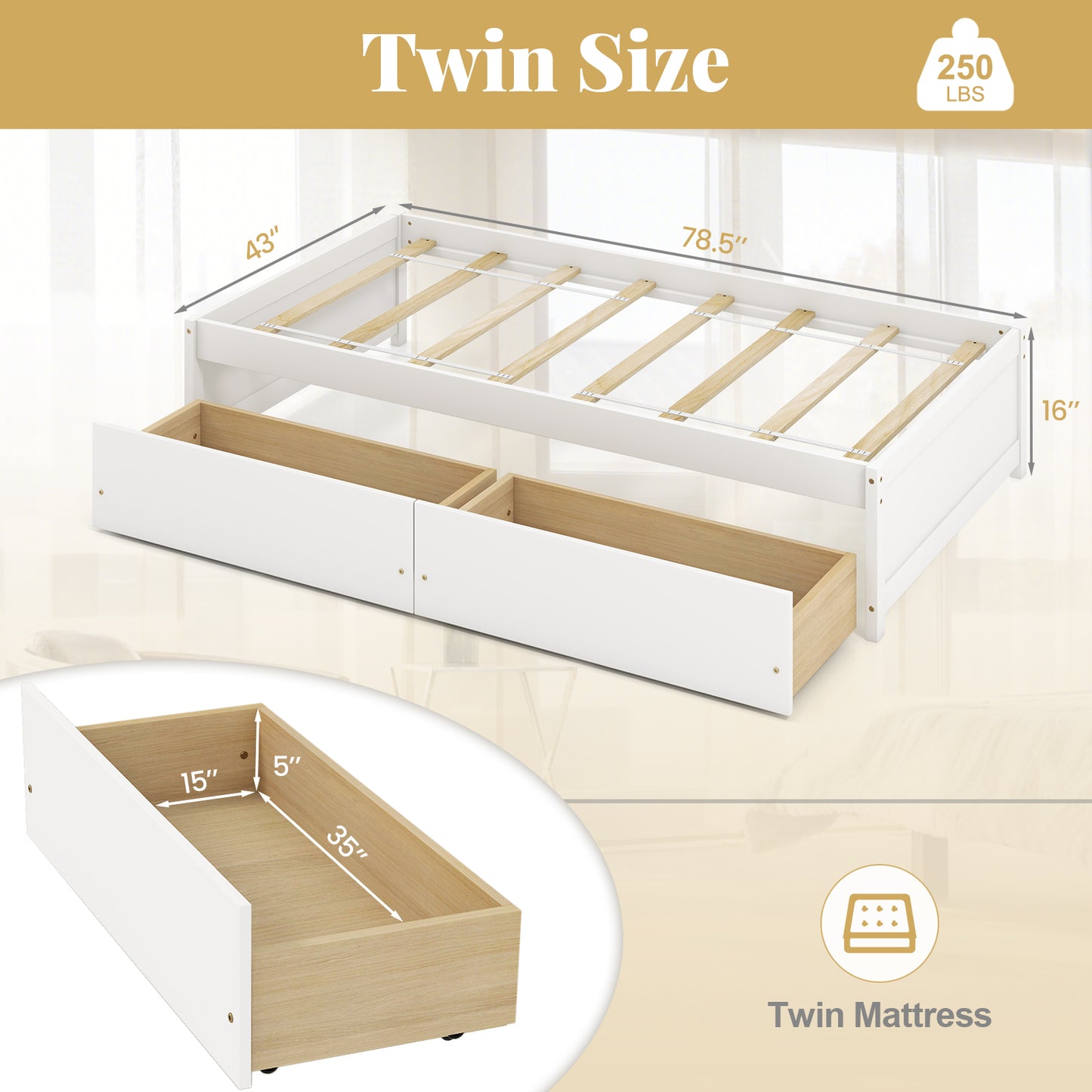 Twin Size Captain Bed with 2 Drawers and Slats Support-White Kids Crystal
