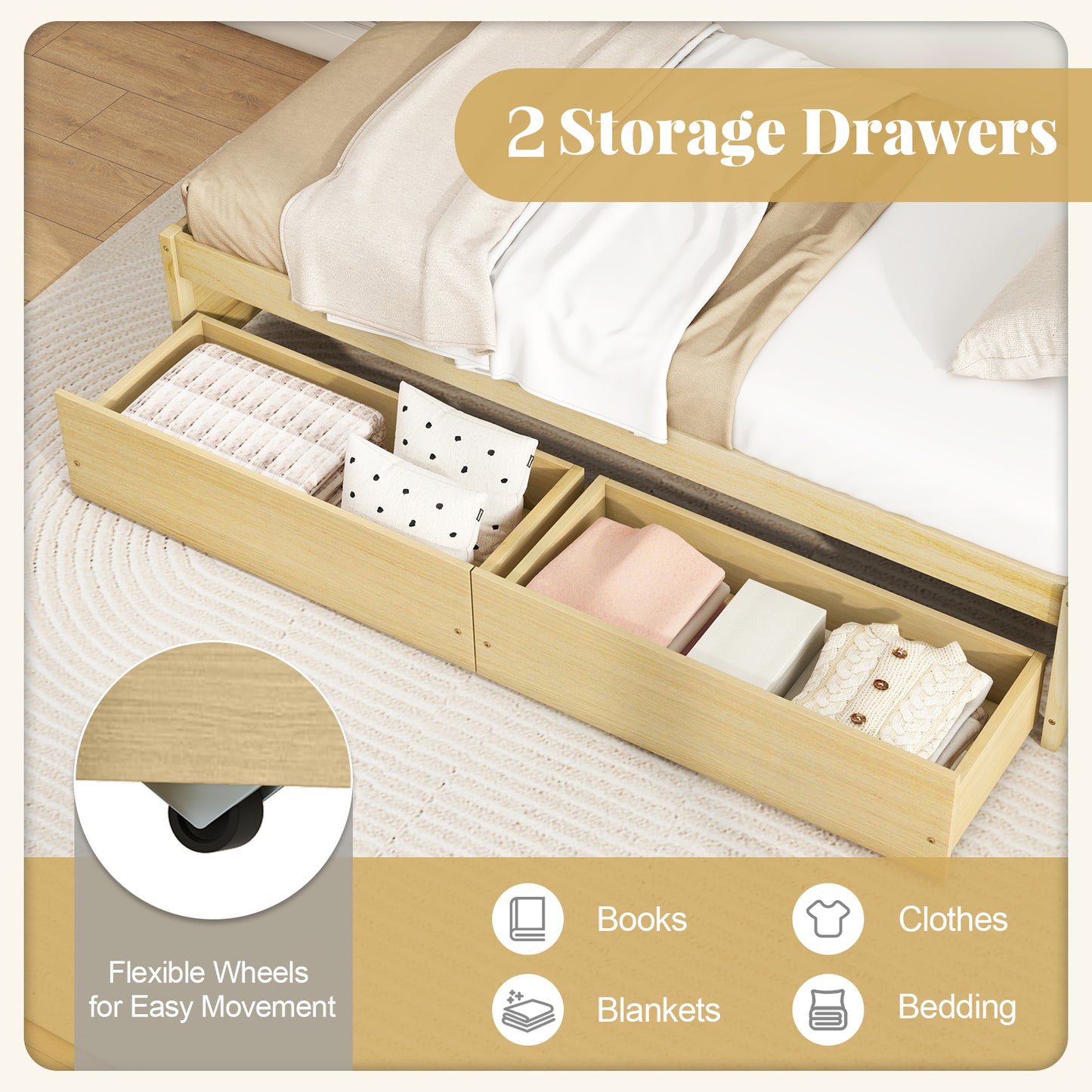 Twin Size Captain Bed with 2 Drawers and Slats Support-Natural Kids Crystal