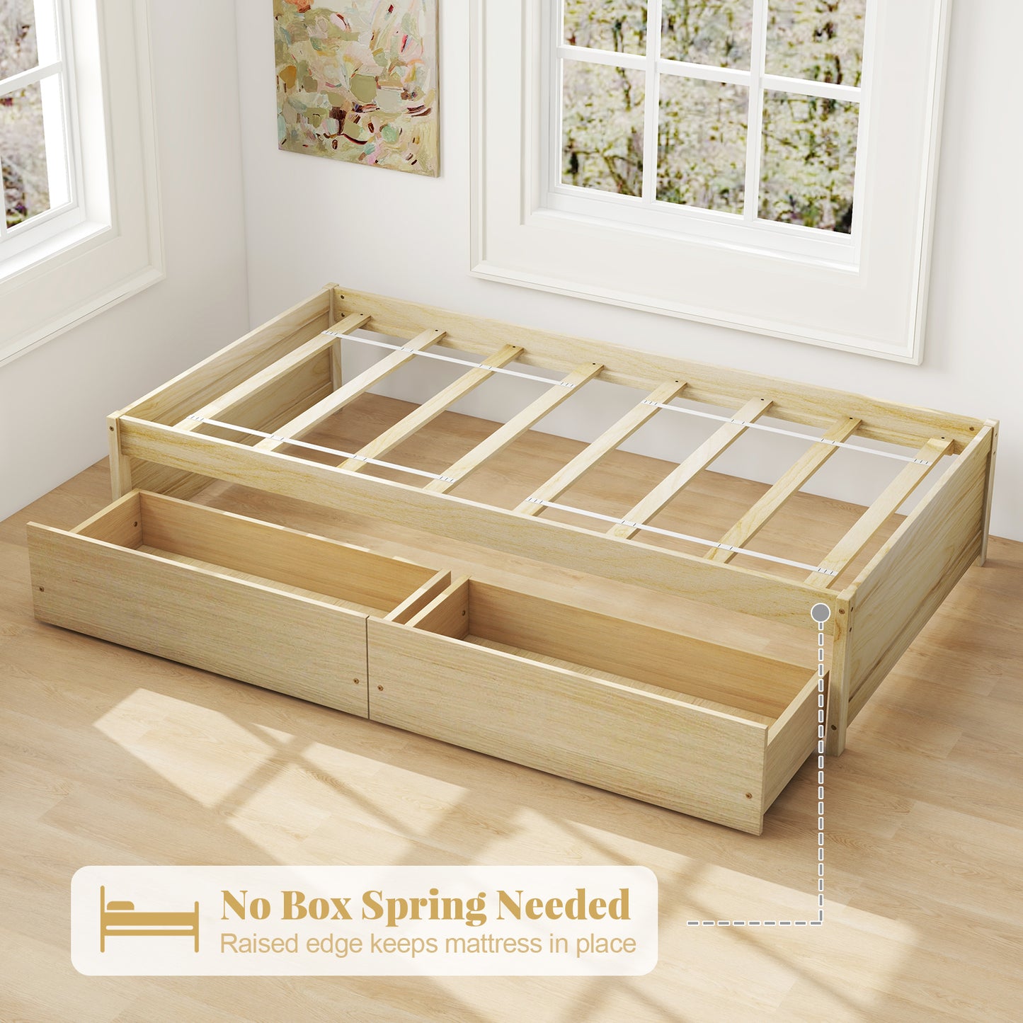 Twin Size Captain Bed with 2 Drawers and Slats Support-Natural Kids Crystal