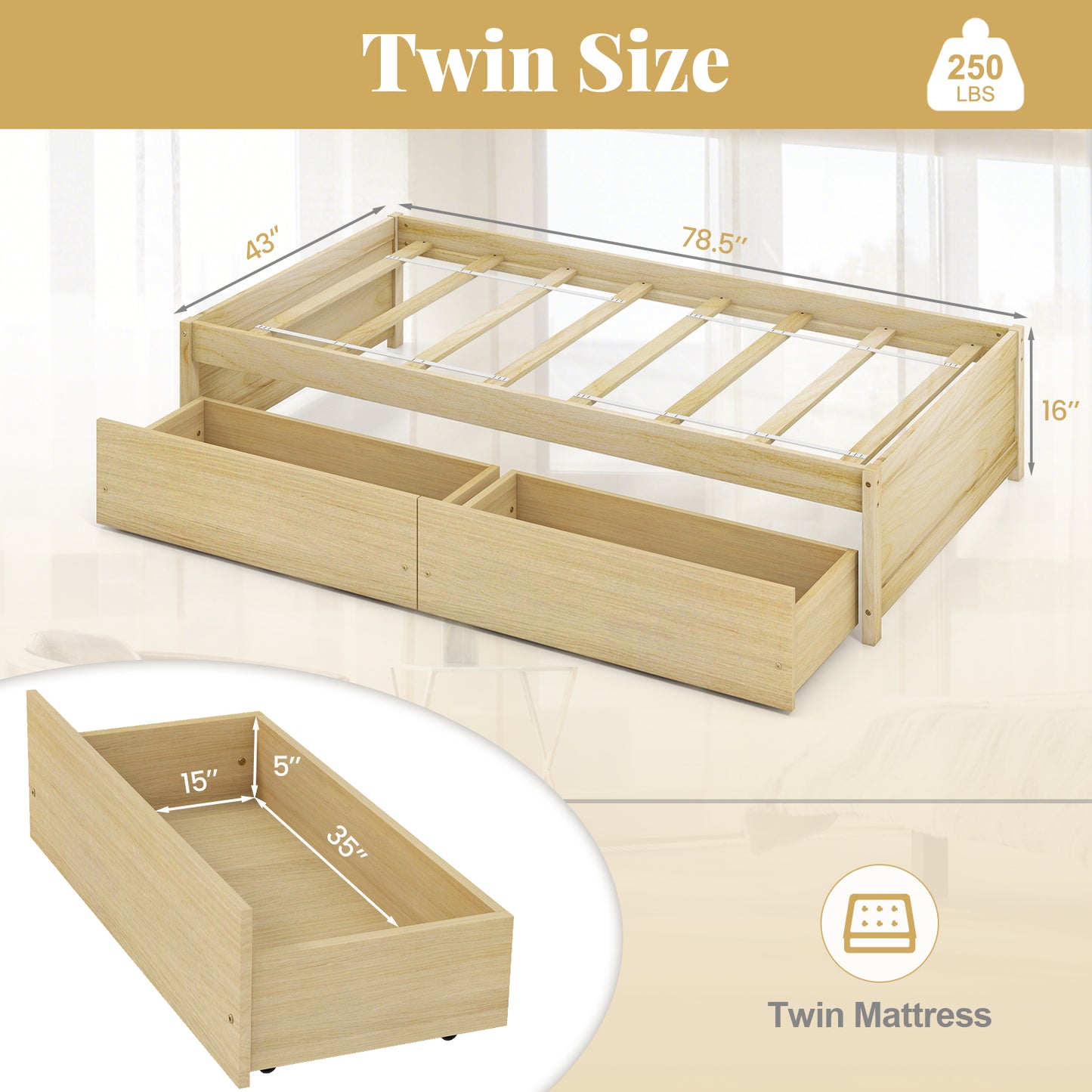 Twin Size Captain Bed with 2 Drawers and Slats Support-Natural Kids Crystal