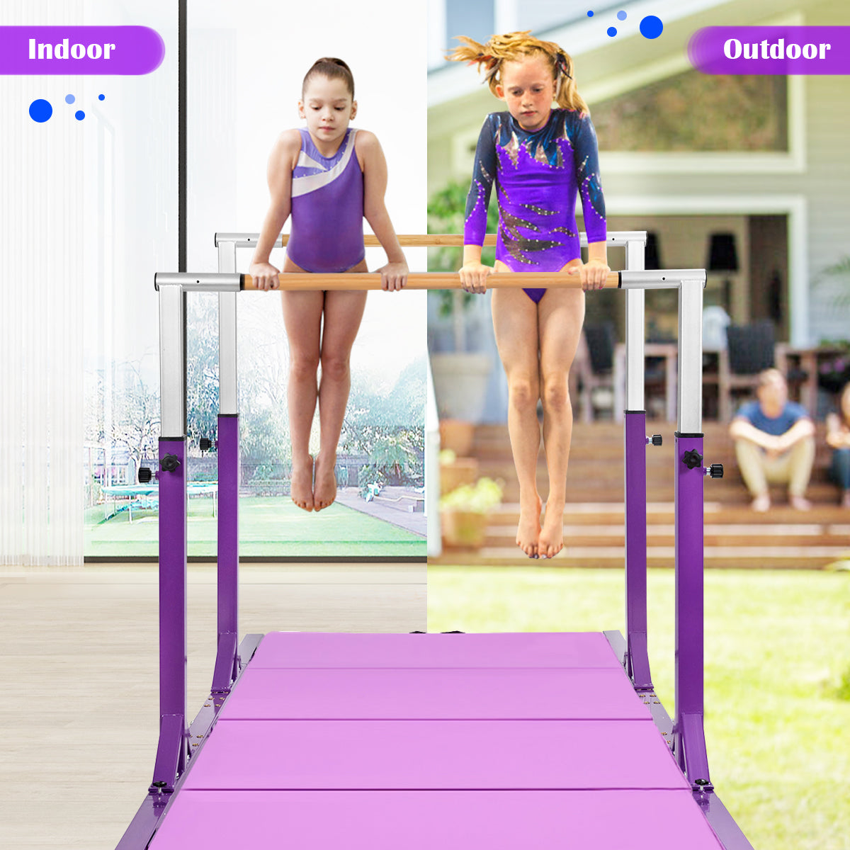 Kids Double Horizontal Bars Gymnastic Training Parallel Bars Adjustable-Purple Kids Crystal